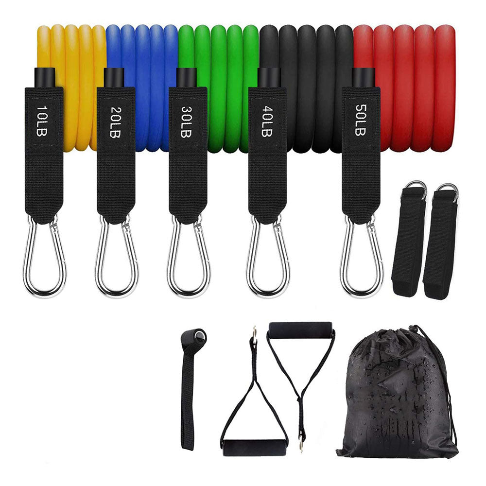 Color-coded resistance bands with strength labels and metal carabiners