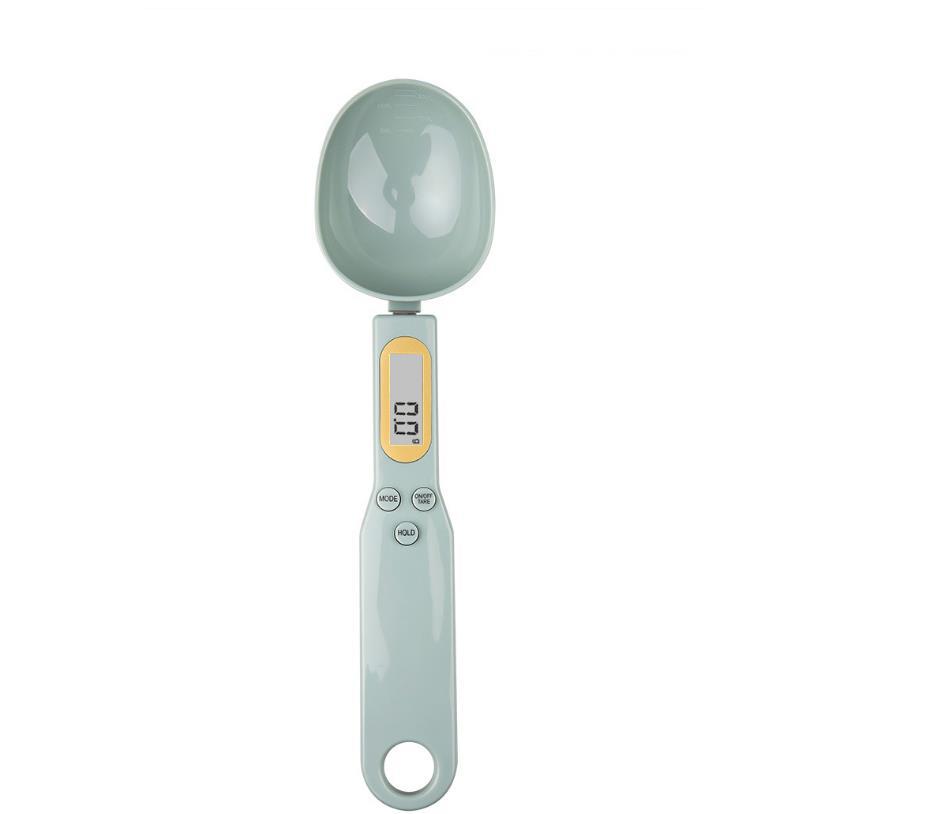 Kitchen measuring spoon scale, light blue handle with LCD display and bowl