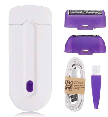 Hair removal shaver with detachable metal razor head, cable and spare parts