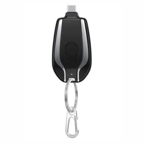 Mini keychain power bank pod with charging port and metal carabiner, dark black case