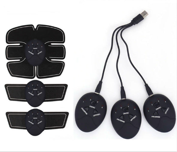 EMS abdominal muscle trainer pad set with black control unit and three electrode discs