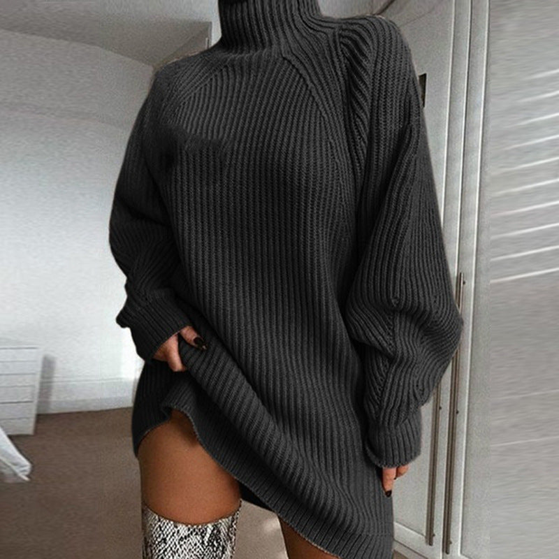 Turtleneck knit sweater dress, dark charcoal, long sleeves and ribbed texture