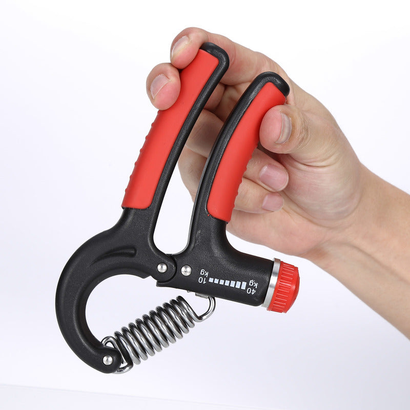 Finger exerciser hand grip pair, black frame with red padded handles, side view
