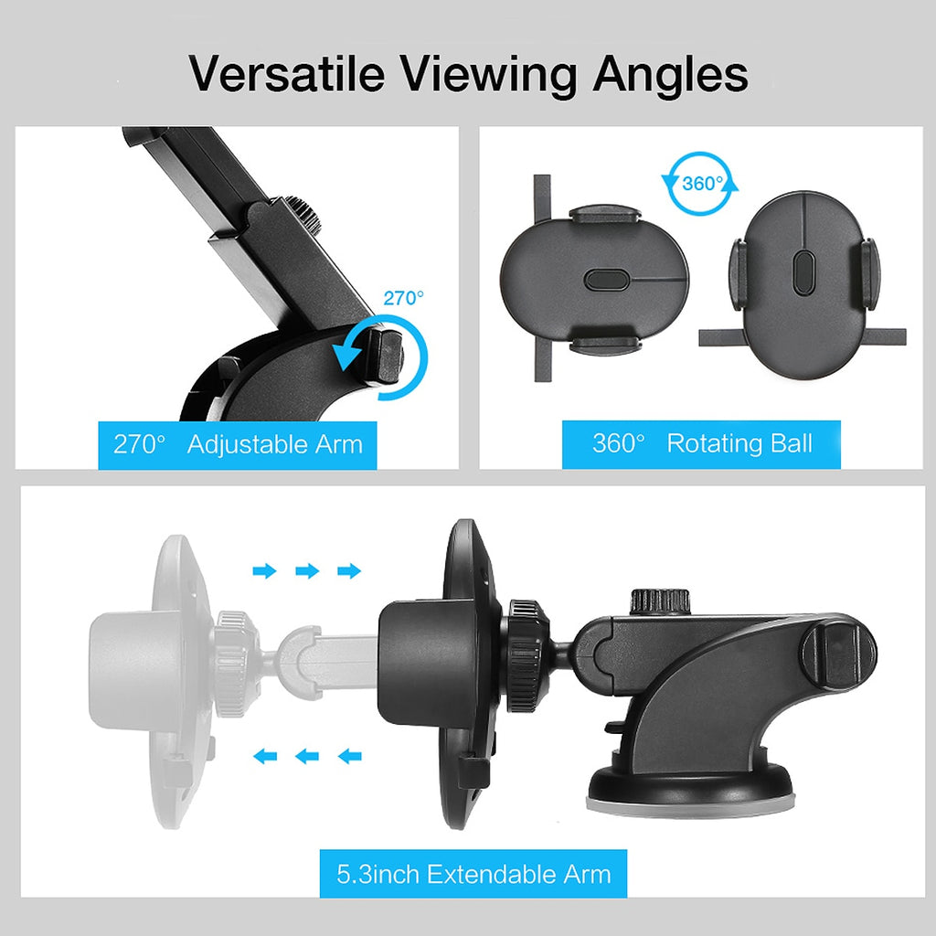 Black car phone holder with extendable arm and 360° rotating ball joint