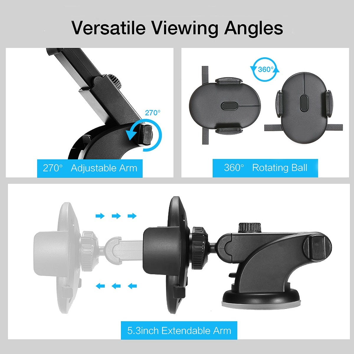 Black car phone holder with extendable arm and 360° rotating ball joint