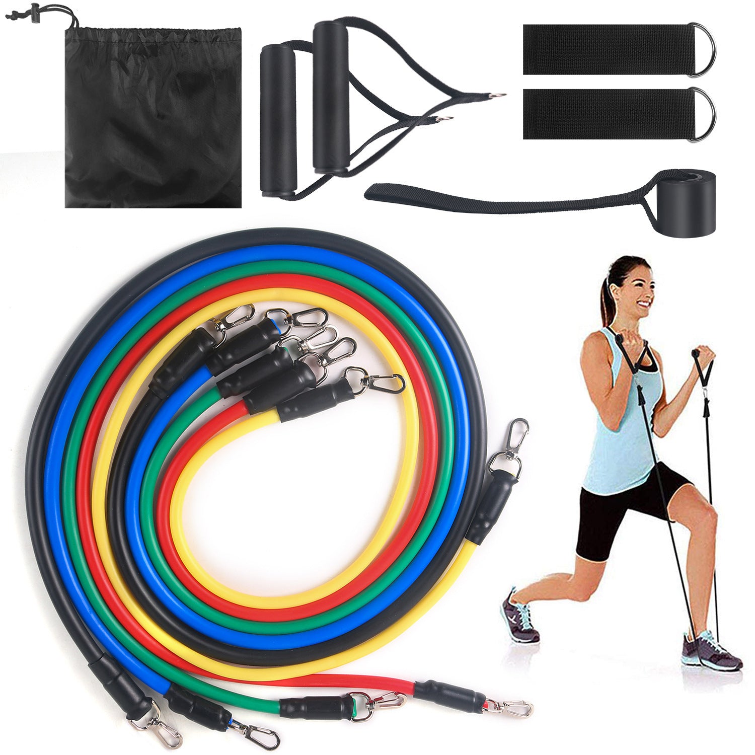 Elastic resistance rope band set with multicolor looped bands and metal spring clips