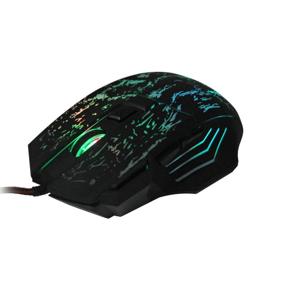 Gaming mouse with black body and green RGB glow lines, with red cable