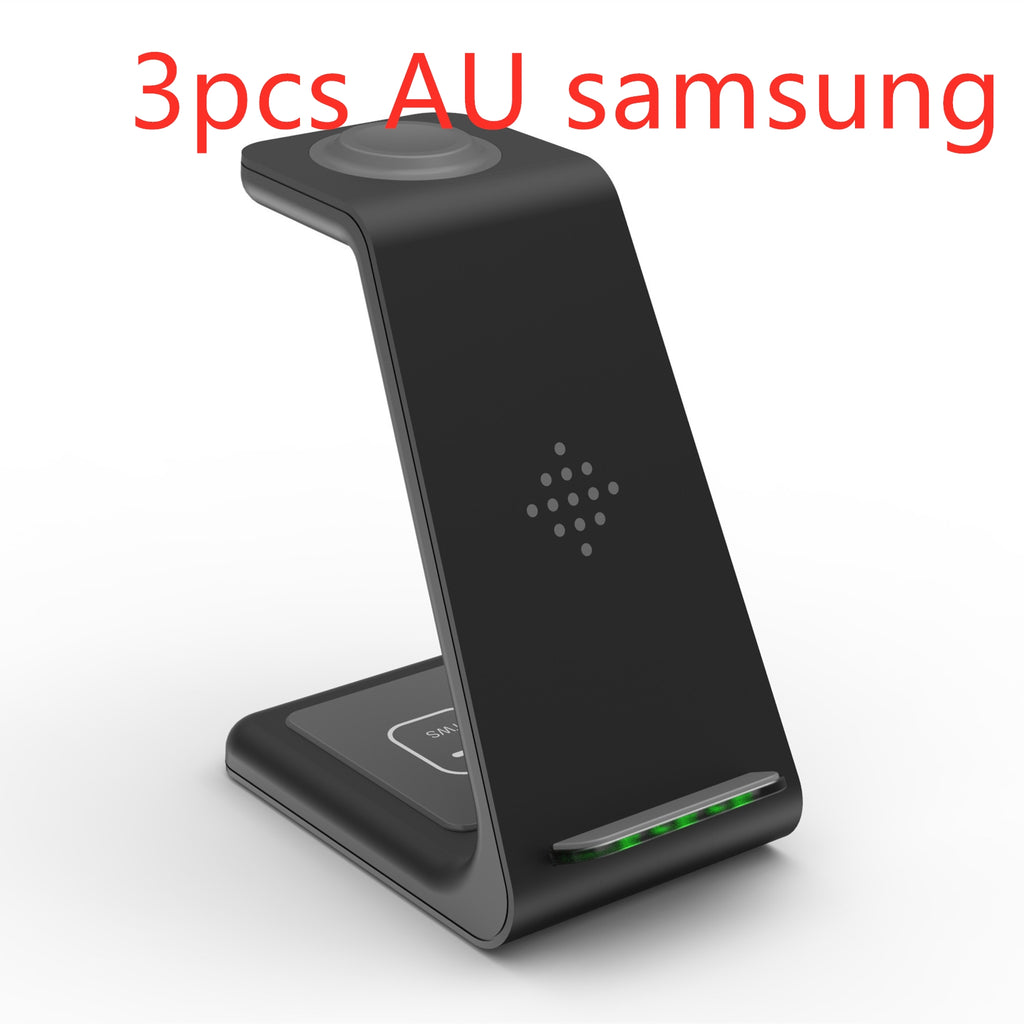 Black wireless phone charger stand with angled base and circular top charging pad