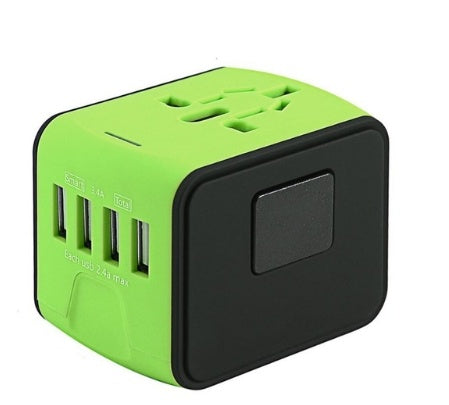 Multi-function socket adapter in green with USB ports and a covered switch