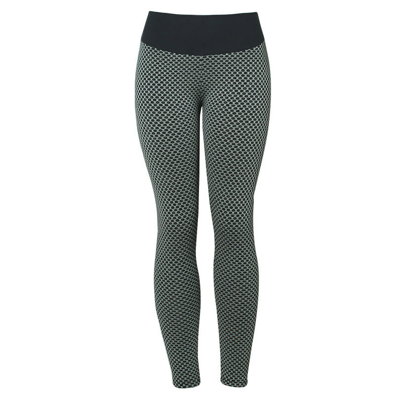 Patterned leggings with high waist, dark green and black, full-length.