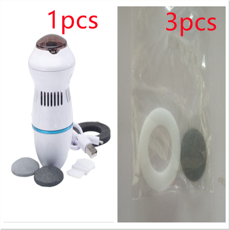 White electric foot file grinder with sanding discs and white brush head