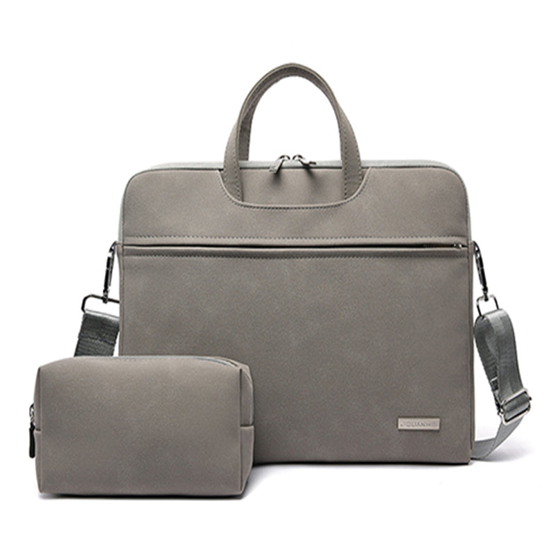 Dark grey PU leather laptop bag with top handle, zipper front, and matching small pouch