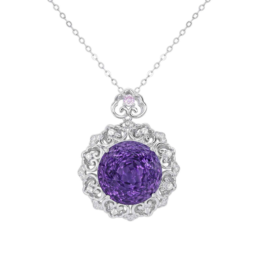 Silver amethyst pendant necklace with round purple amethyst and detailed filigree bail