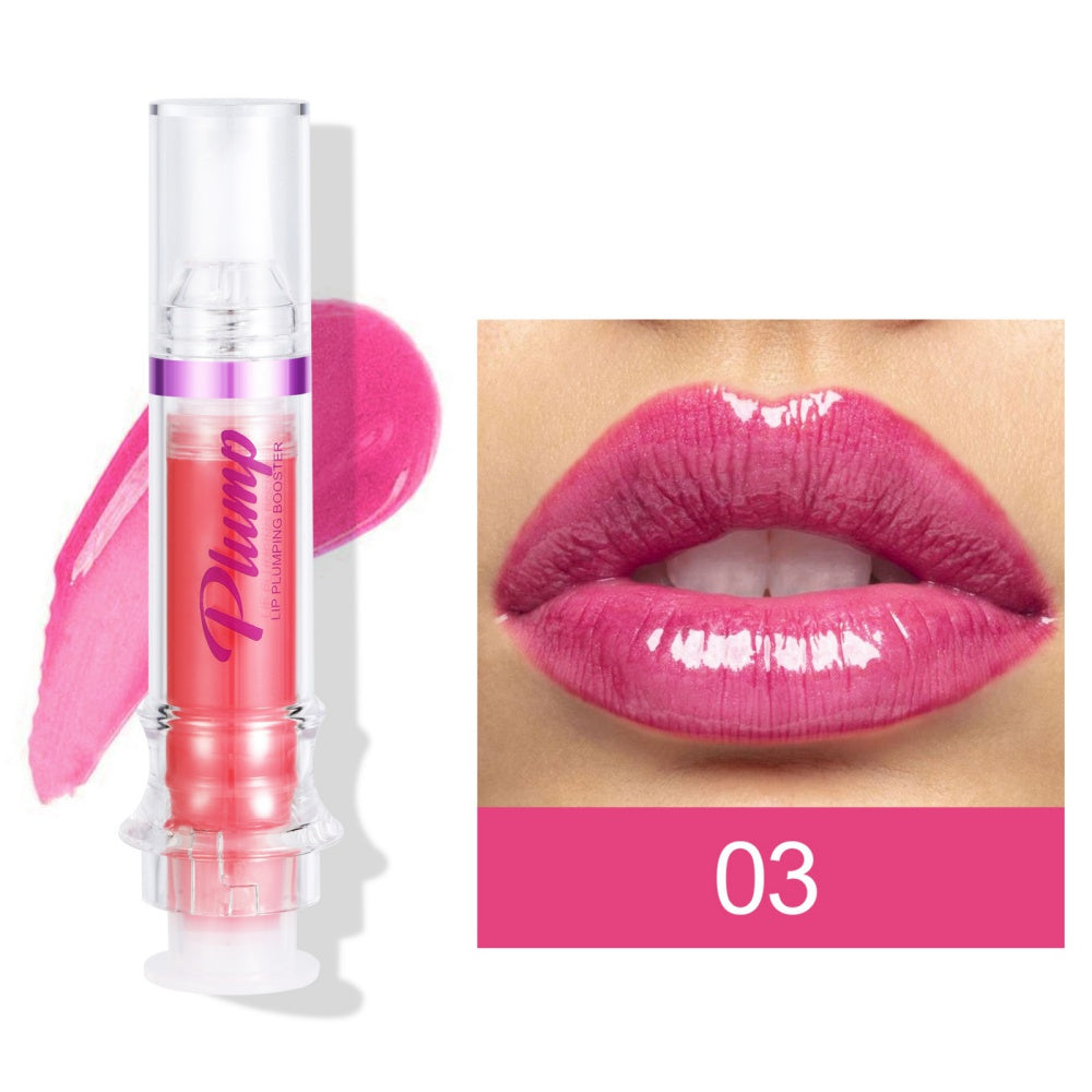 Lip plumping booster lip gloss tube with applicator and lip swatch, shade 03