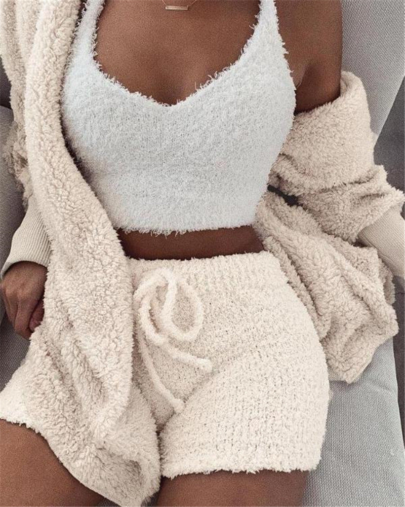 3-piece fuzzy lounge set with cropped tank, drawstring shorts, and wrap top, white