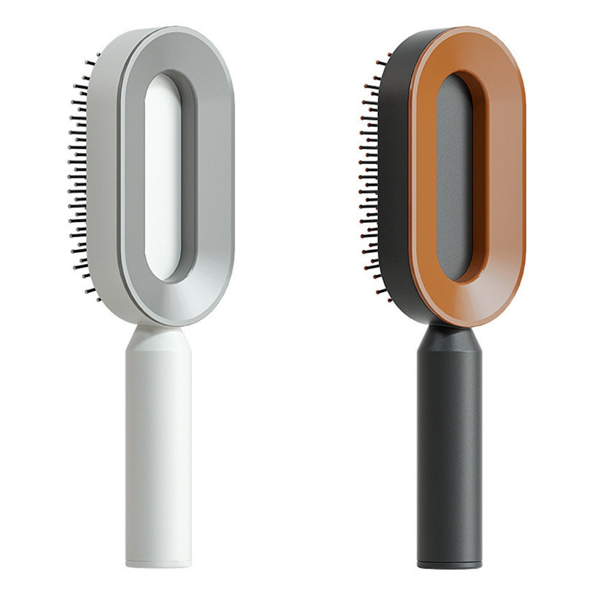Set of self-cleaning hair brushes with gray/white and tan/black colorways
