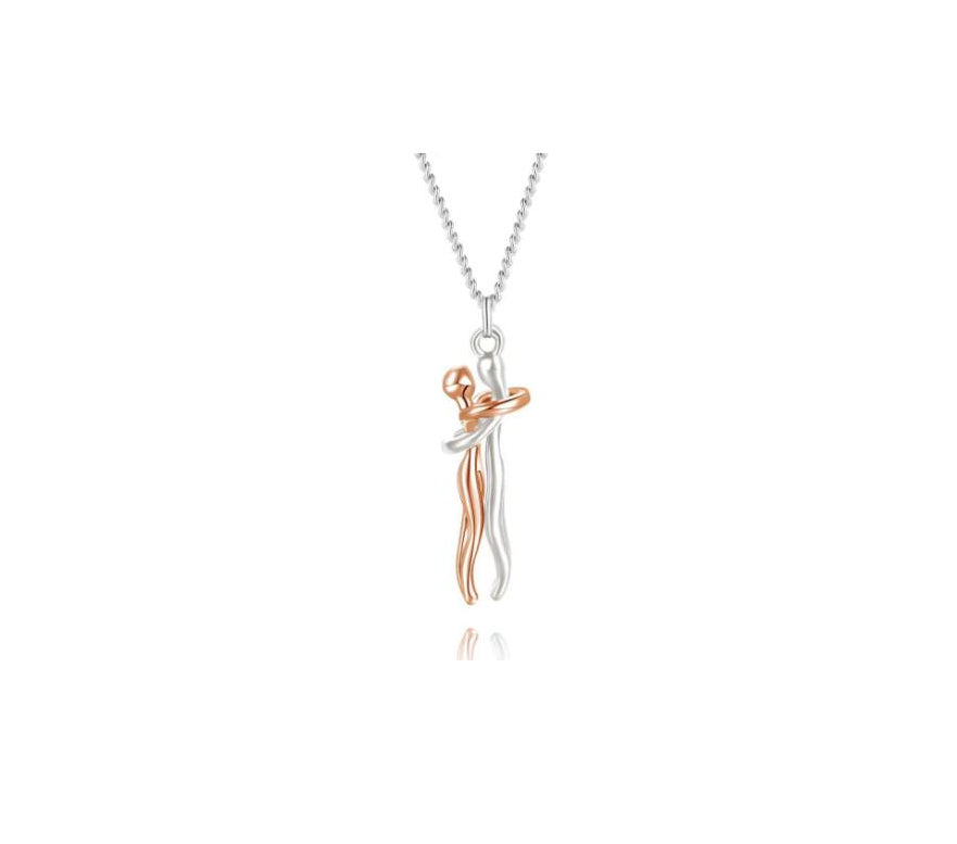 Love hug necklace with silver chain and rose-gold hugging couple pendant