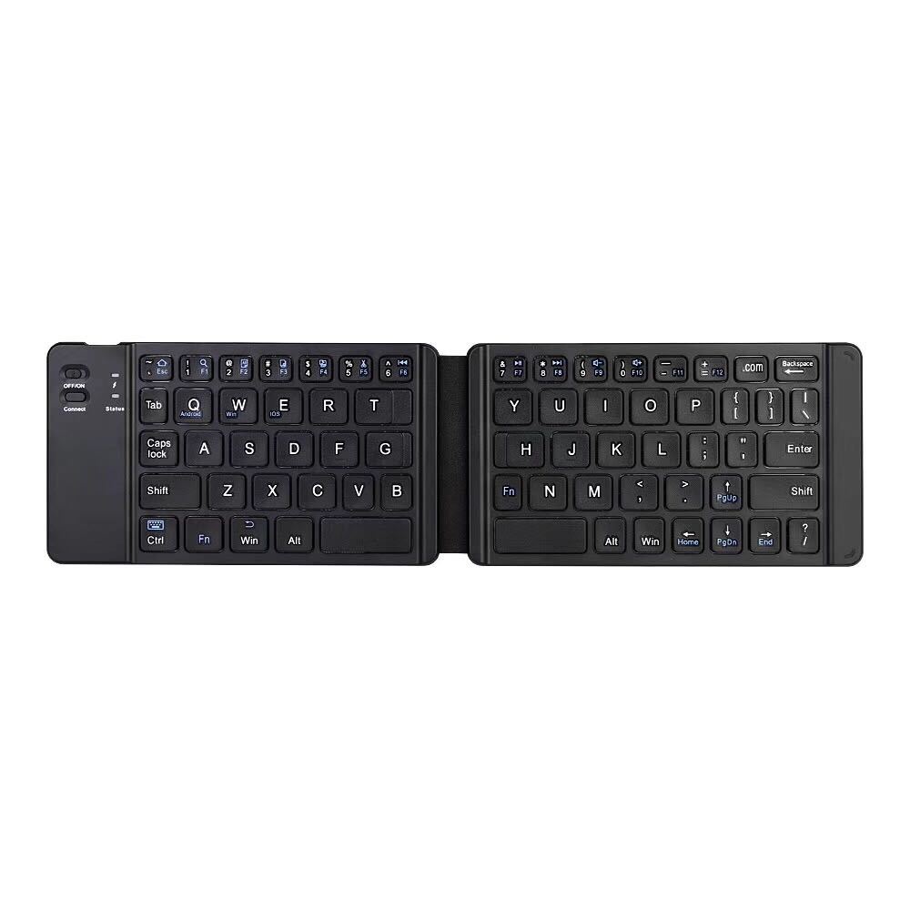 Foldable Bluetooth keyboard with two panels and QWERTY keys, black