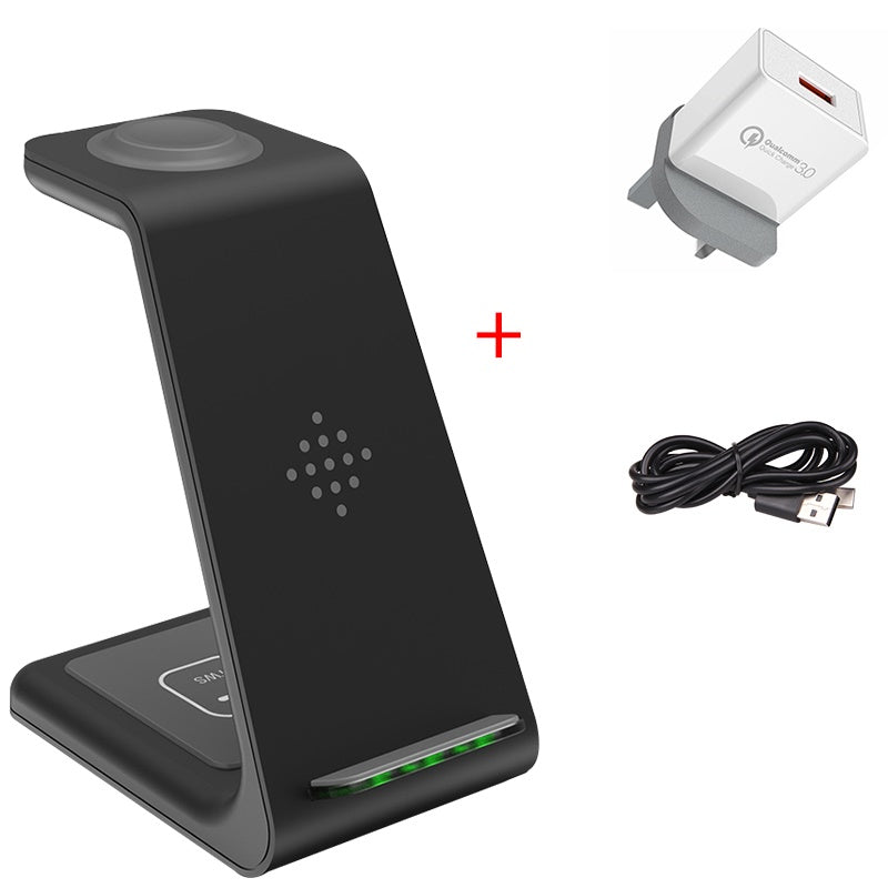 3-in-1 wireless charging stand with EU plug adapter and USB charging cable