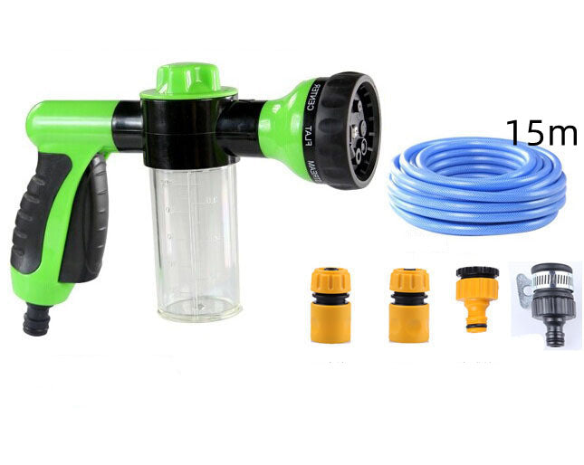 Foam spray gun kit with green sprayer, 15m blue hose, and included nozzle pieces.