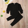 Newborn black crewneck sweatshirt with ruffled sleeves and matching pants set