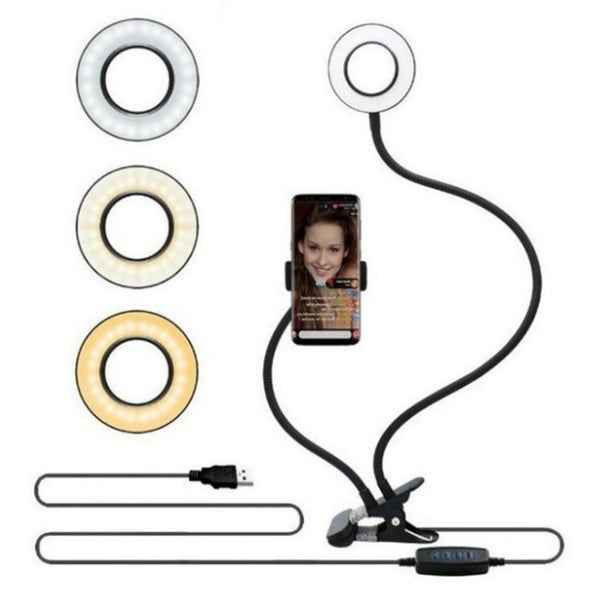 LED selfie ring light with adjustable tripod stand and phone clamp, white ring options shown