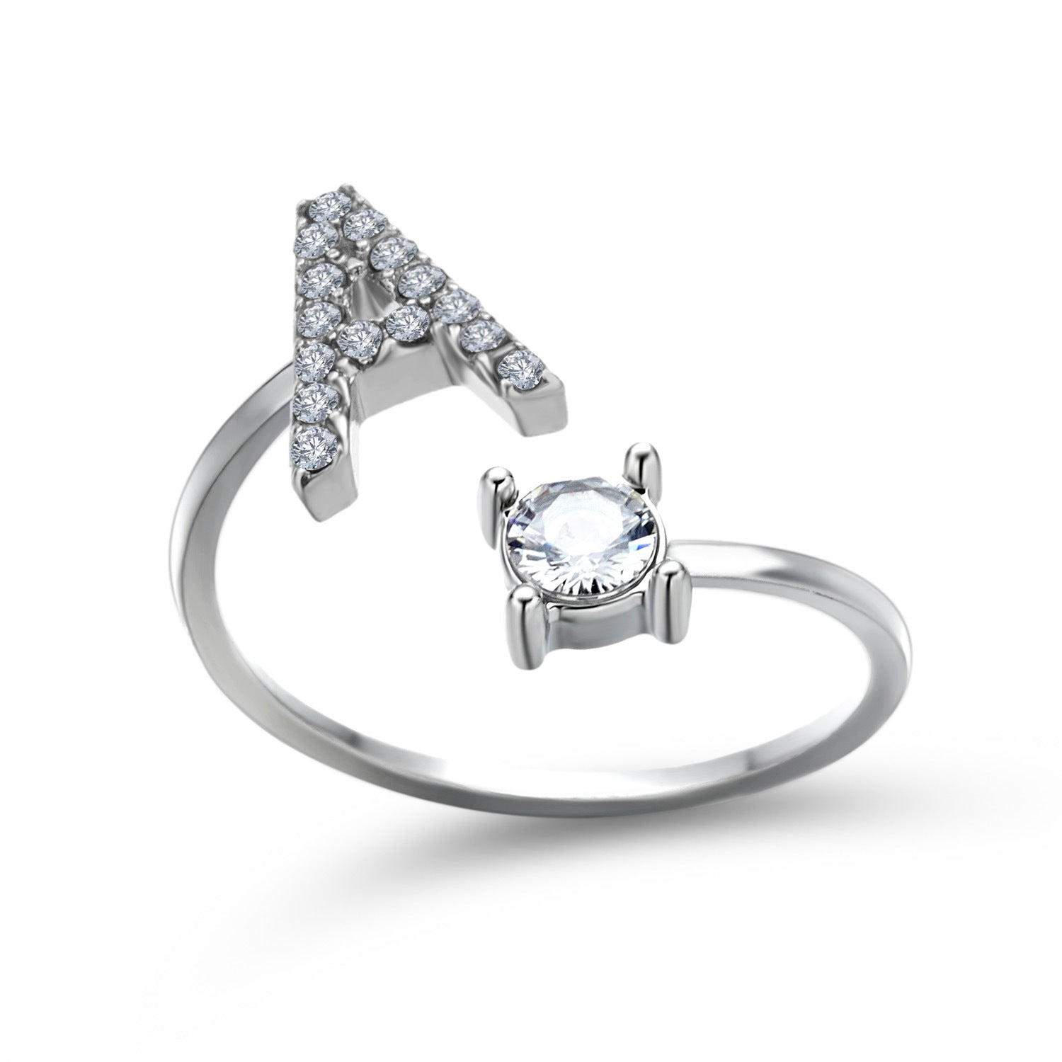 Adjustable initial letter ring with tall pavé letter and round crystal, silver tone