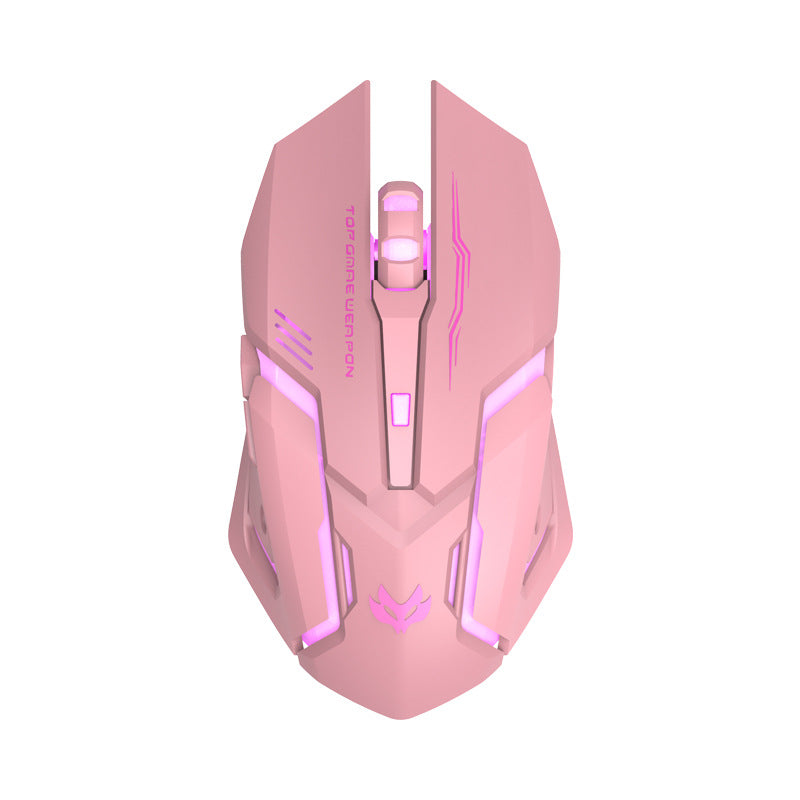 Wireless gaming mouse, pink with glowing pink LED strips and central scroll wheel