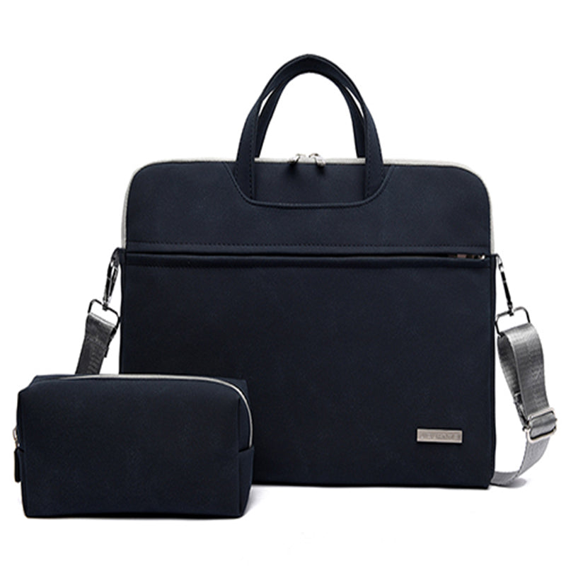 Black PU leather laptop bag with top handle, zipper front, and matching small pouch
