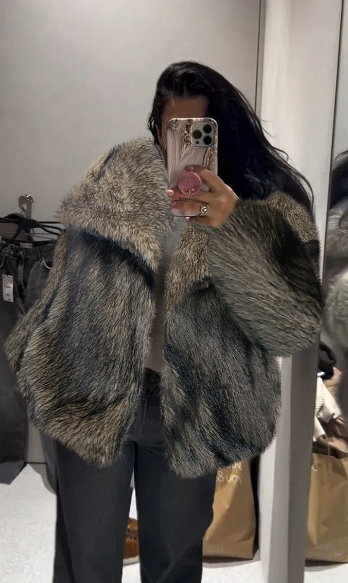 Women's plush faux-fur jacket with lapels, long sleeves, gray-brown