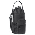 Black bottle pouch shoulder bag with drawstring top and front zip pocket