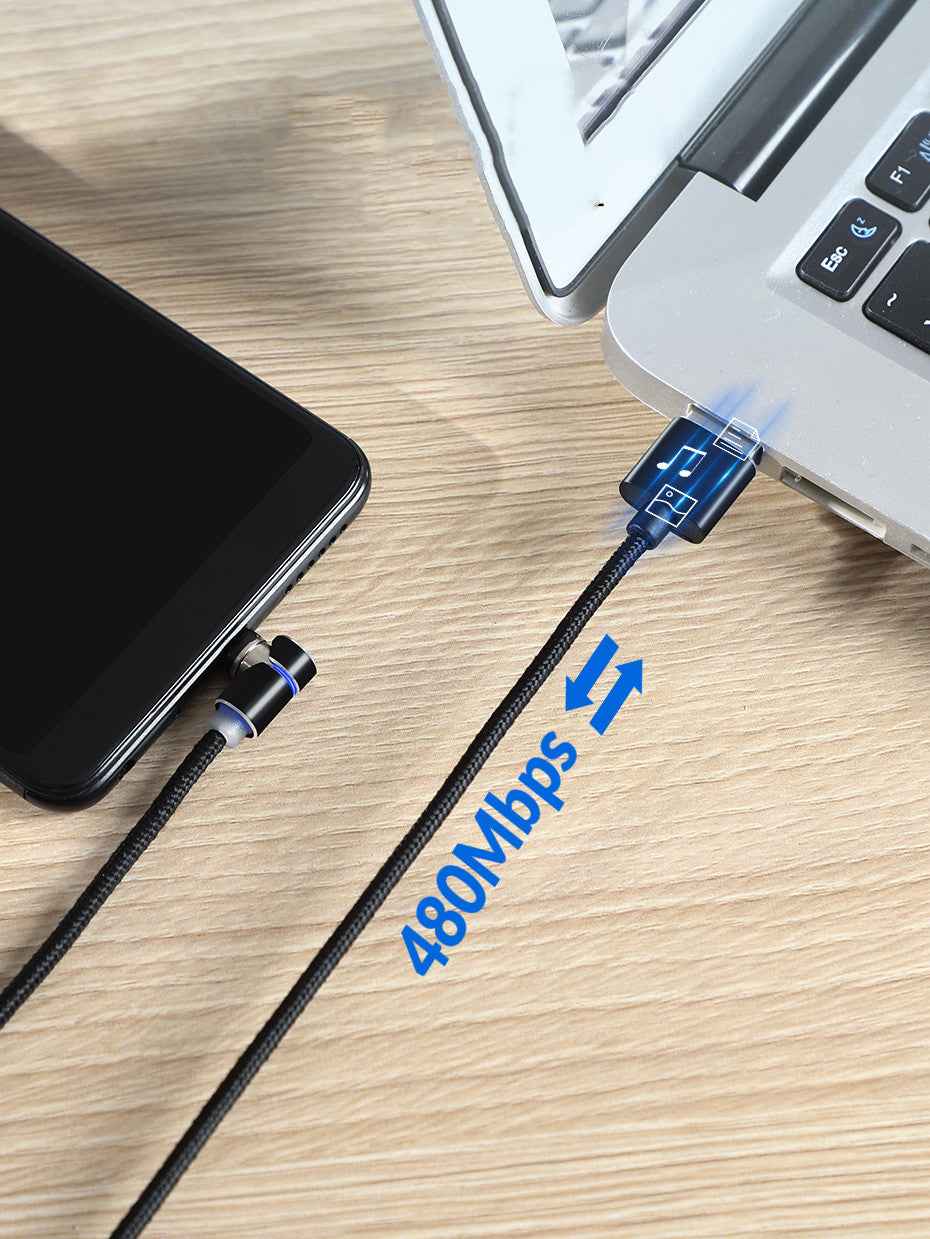 Magnetic charging cable with blue USB connector and lightning marking