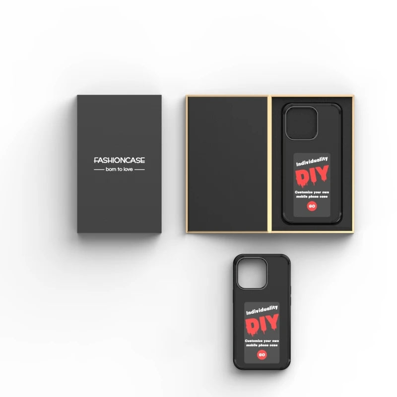 Phone case with DIY display graphic, shown in gift-style packaging tray