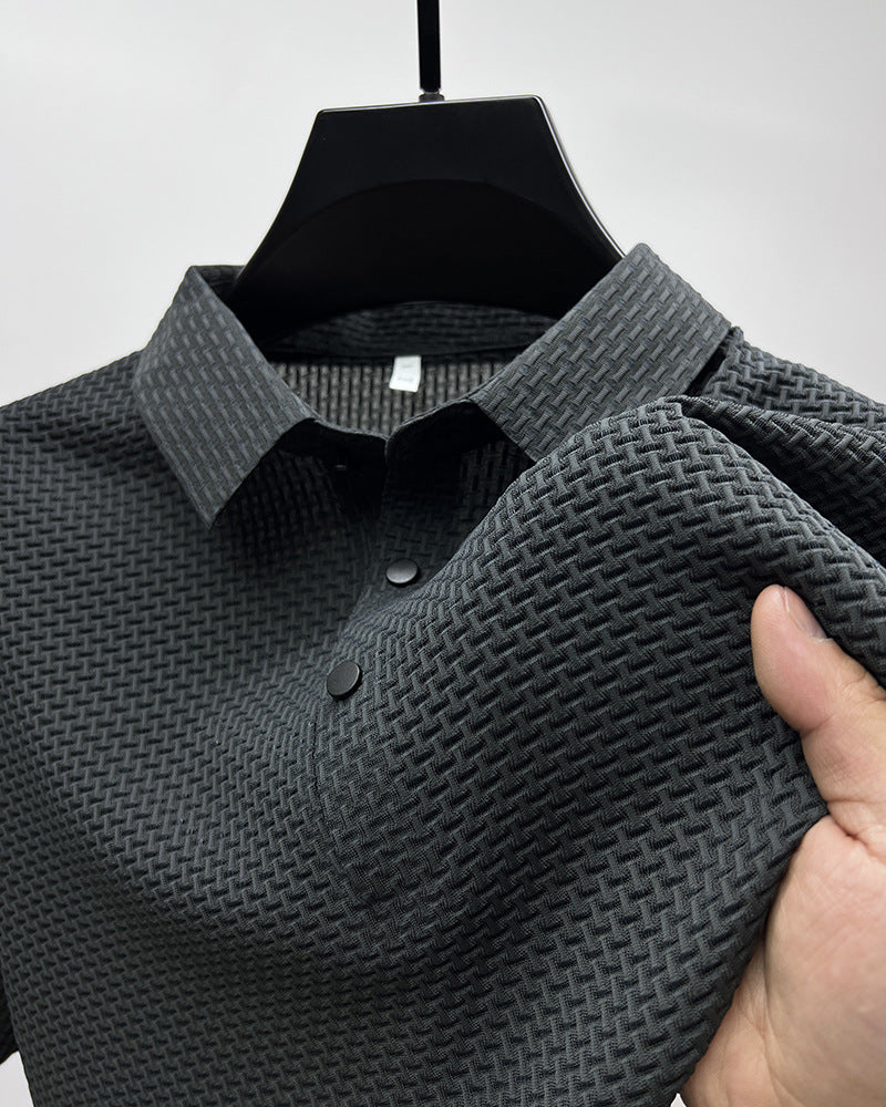 Men's textured mesh polo shirt in dark gray, short sleeves and button placket