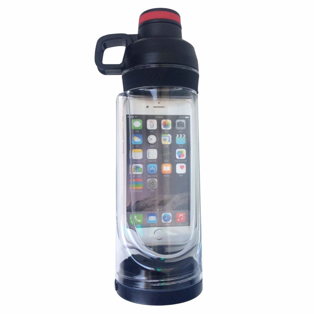 Black waterproof water bottle phone pouch with clear window, red lid ring, and handle