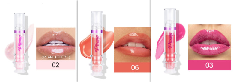 Liquid lip gloss with clear tube and purple-pink label; lip swatches show 02, 06, 03.