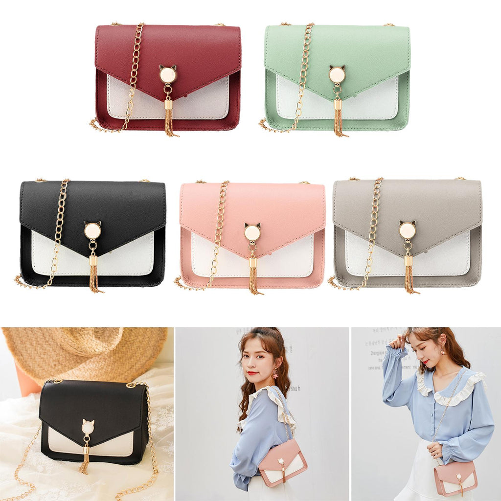 Small messenger bag with cat charm, tassel pull, gold chain strap and flap