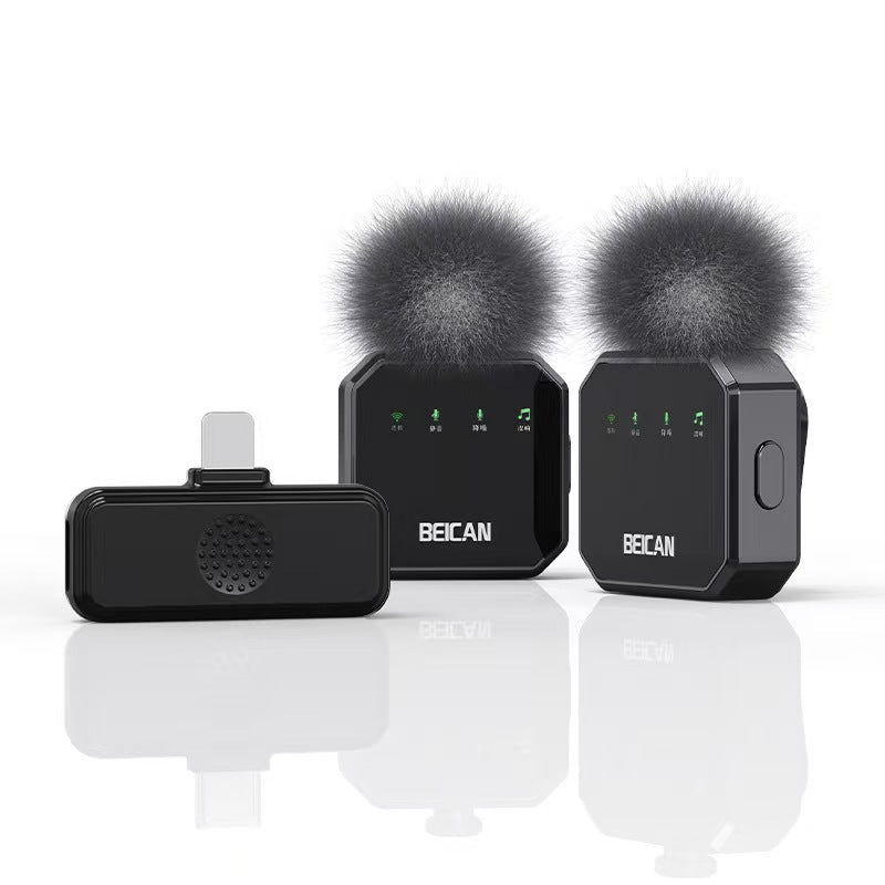 Wireless lavalier microphone kit with black clip-on mic and dual foam-windscreen receiver units