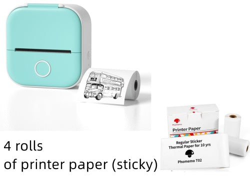 Portable mini thermal label printer with turquoise body and 4 sticky paper rolls bundle