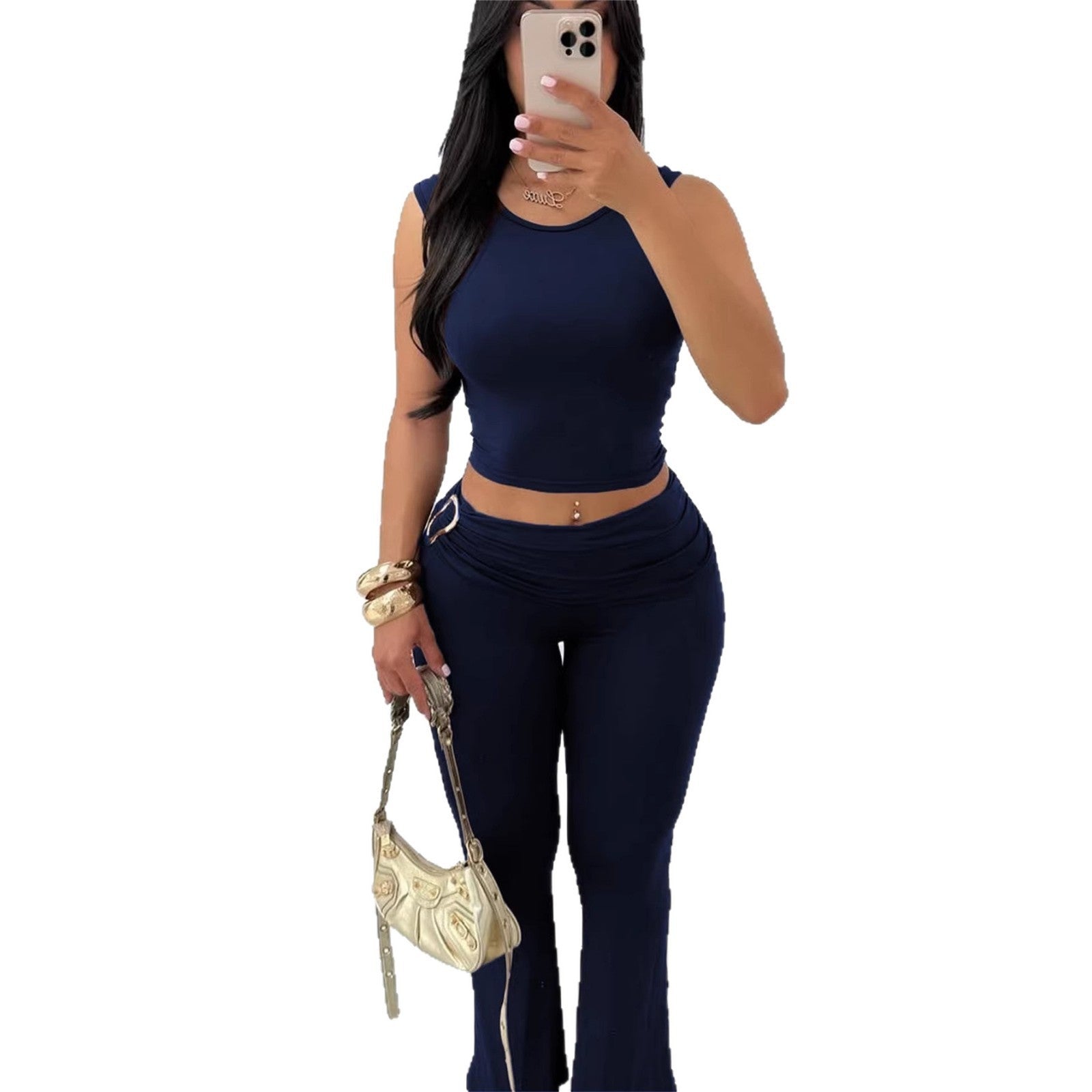 Womens sleeveless crop top and bodycon flare pants set, dark blue