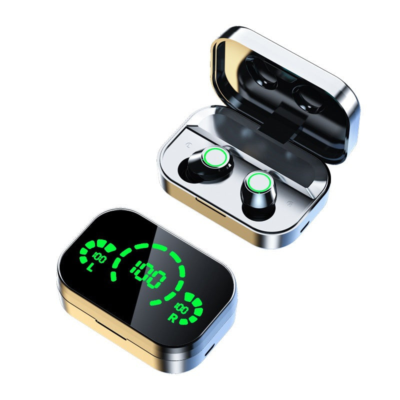 Wireless earbuds in open charging case with green LED digits on case screen