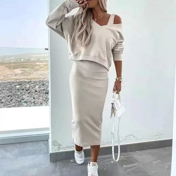 Two-piece midi dress set, light beige V-neck pullover and sleeveless fitted dress