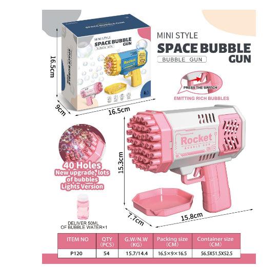 Pink bubble gun toy with 40-hole barrel shown in retail box