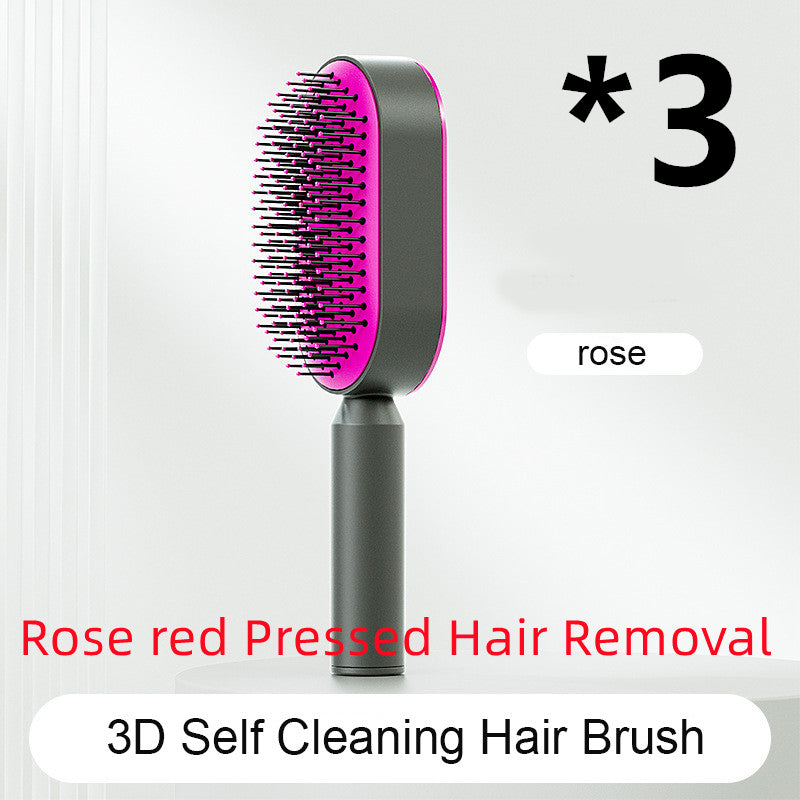 Self-cleaning hair brush with dark handle, rose head, black bristles