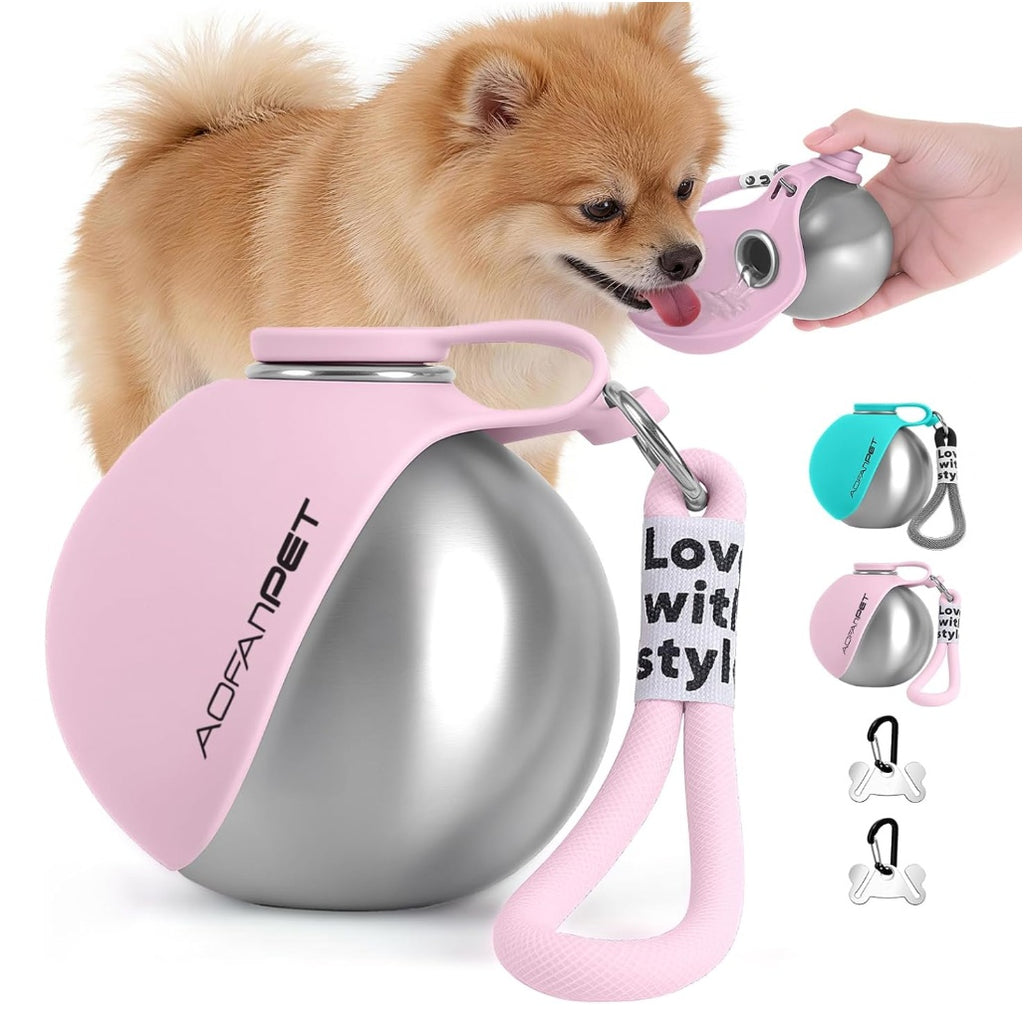 Portable pet water dispenser bottle in soft mist pink with carry handle and loop strap.