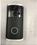 Silver WiFi video doorbell camera with front lens and blue status ring