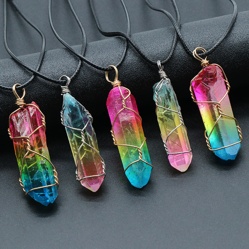 Rainbow crystal pillar pendant necklaces with copper prong-wrapped stone tips