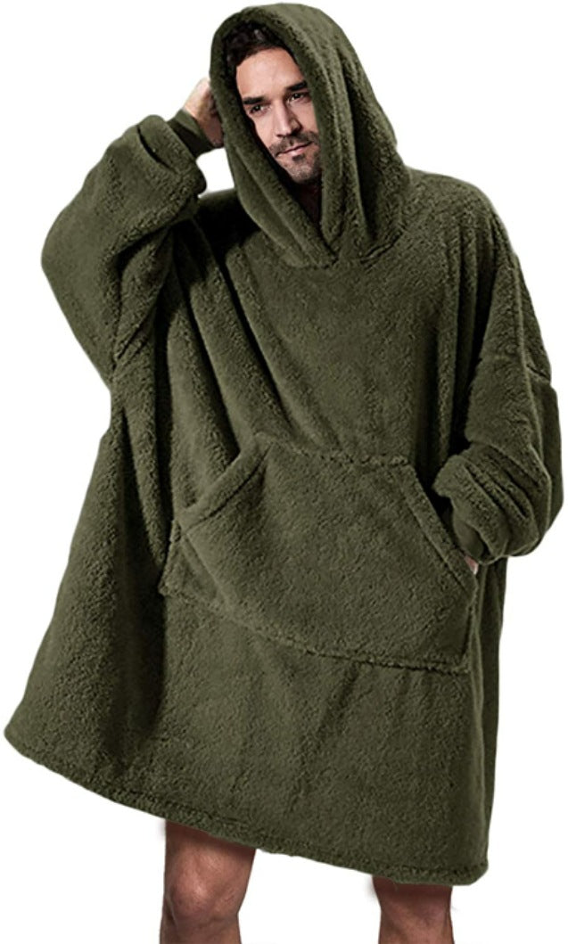 Olive green hooded fleece sweatshirt with front pocket, relaxed fit