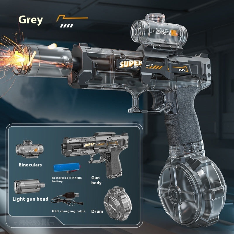 Electric water gun with grey body and clear drum magazine