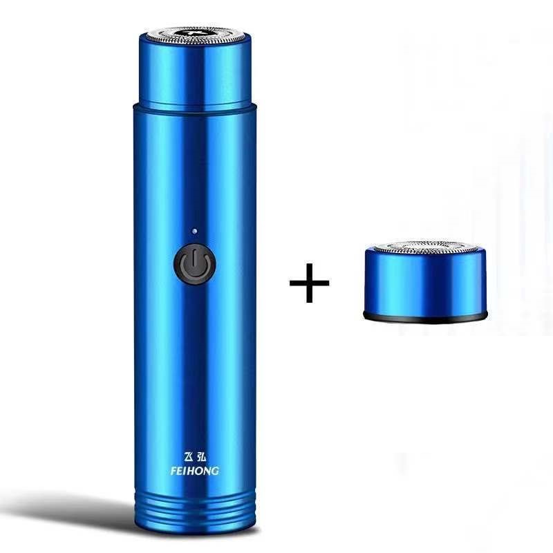 Blue mini electric shaver with round foil head and spare head